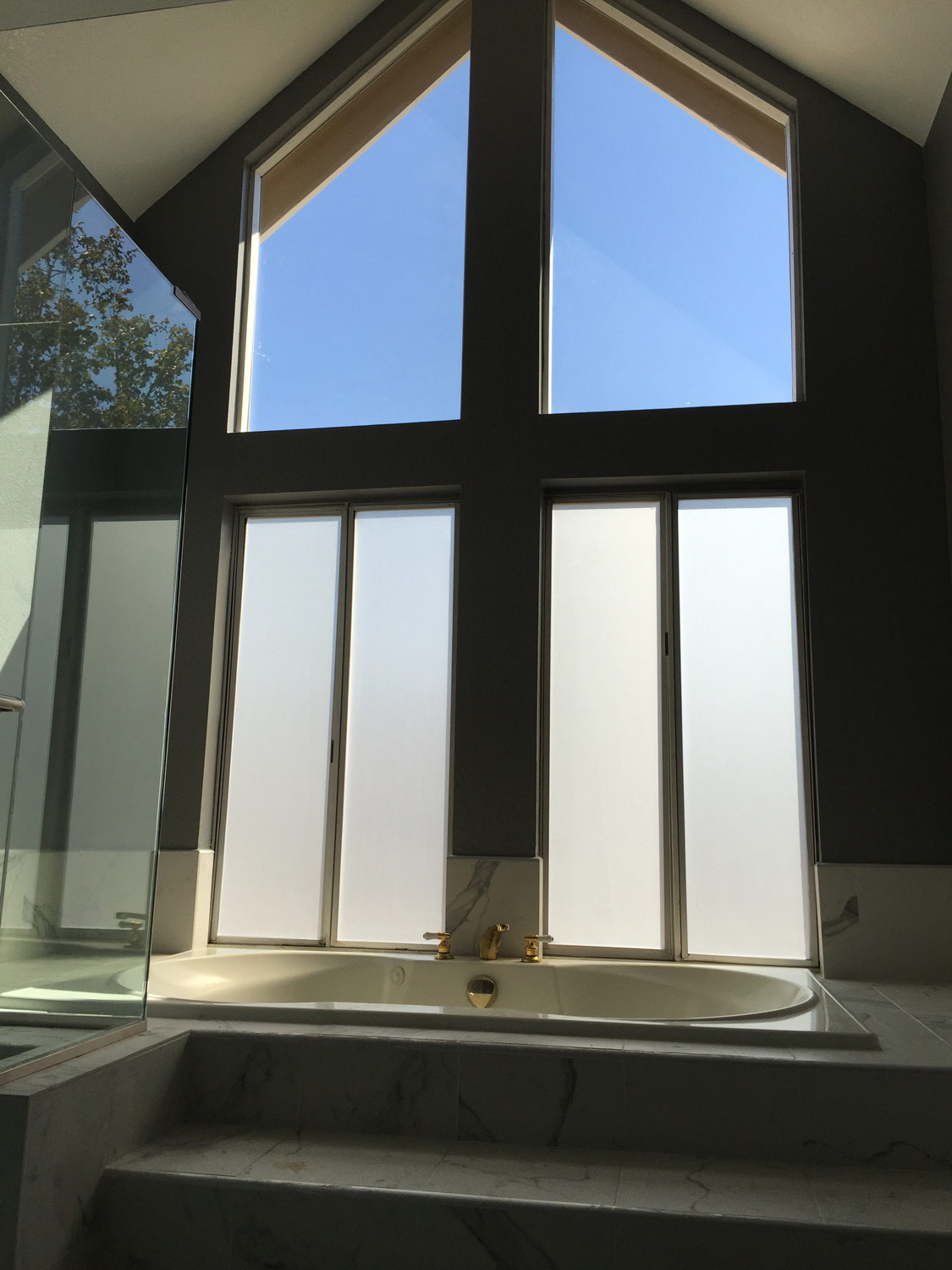 Bathroom with blurred window film on windows